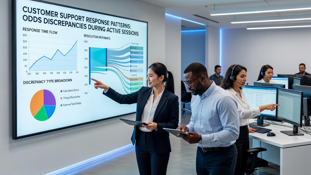 Customer support agent reviewing live odds data on multiple screens during an active betting session