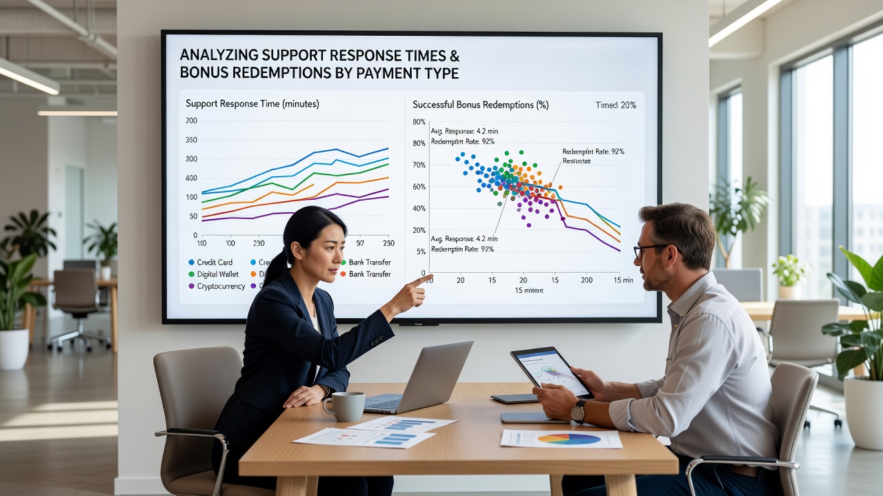 Chart displaying correlation between support response times and bonus redemption percentages across payment methods