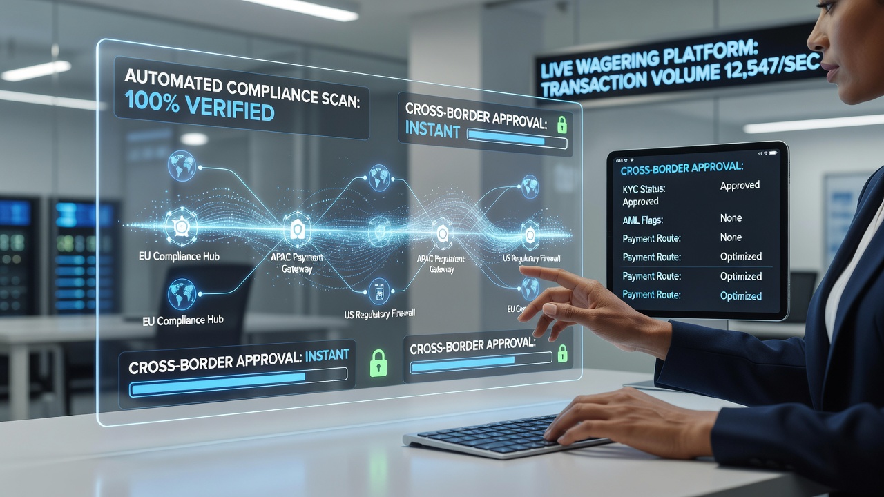 Mobile app interface displaying real-time compliance verification during a cross-border payment approval in a live wagering platform