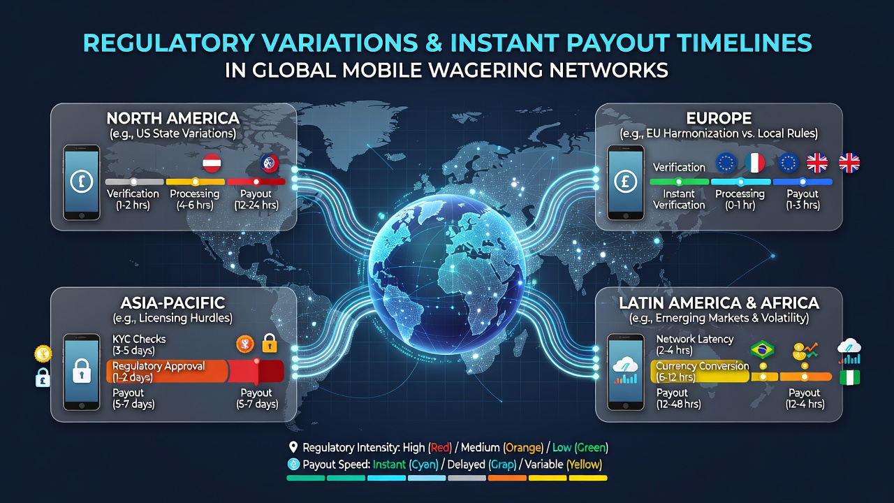 Mobile wagering interface displaying payout confirmation screens across different regulatory zones