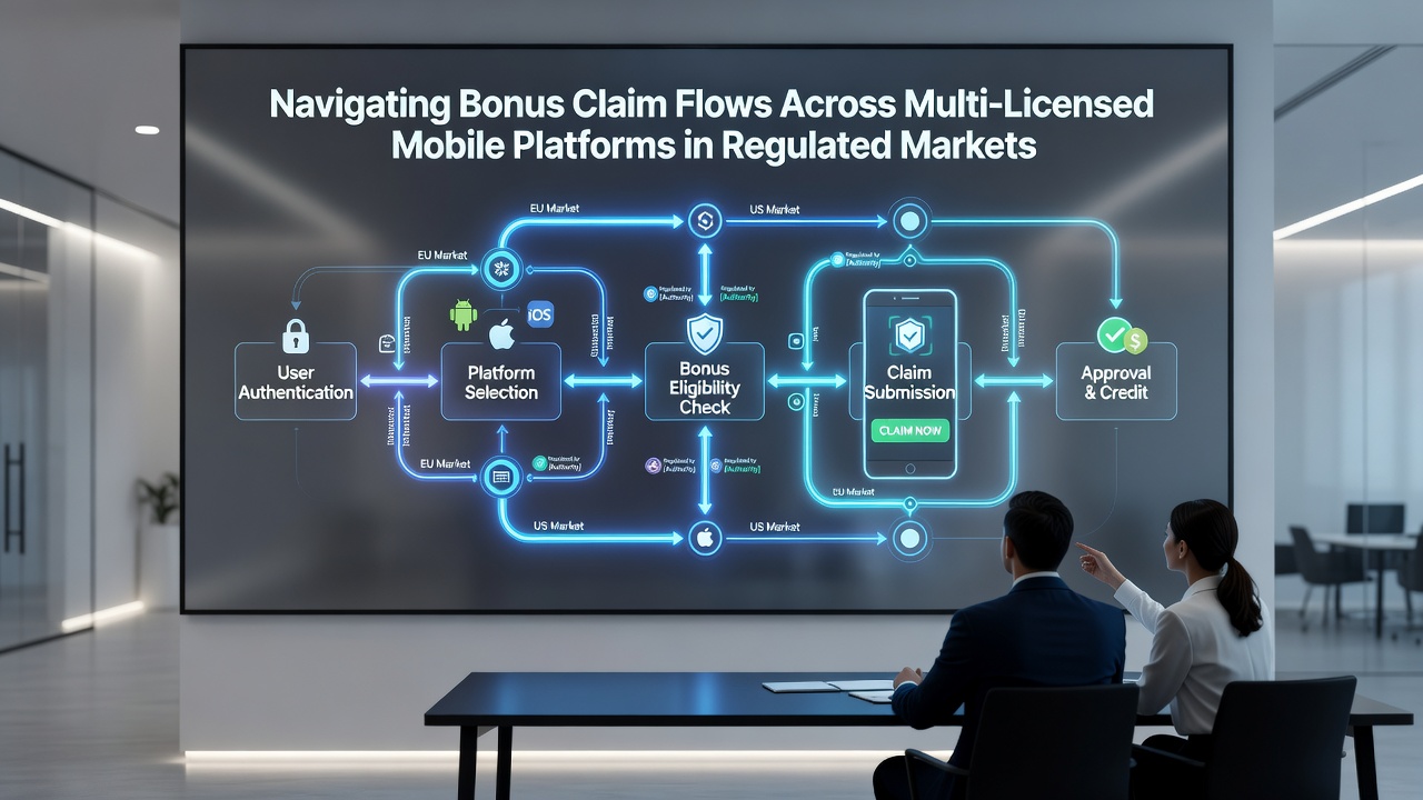 Split-screen mobile view comparing bonus claim steps under different regional licenses with compliance checklists