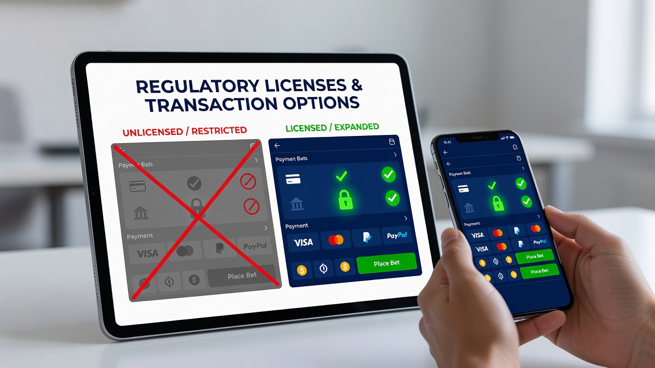Regulatory licenses displayed on a mobile betting app interface showing approved transaction methods
