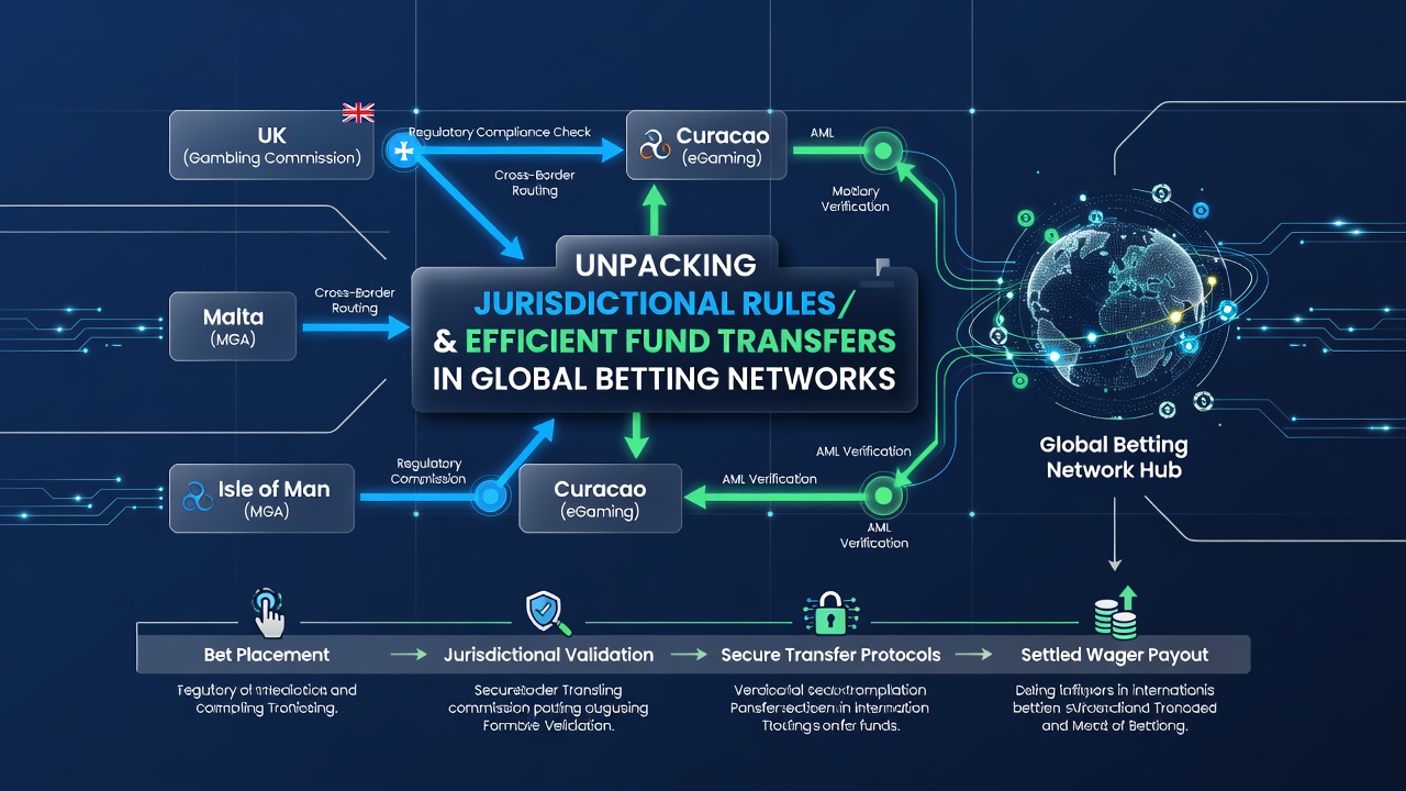 Flowchart illustrating fund transfer routes across different regulatory zones with compliance checkpoints marked